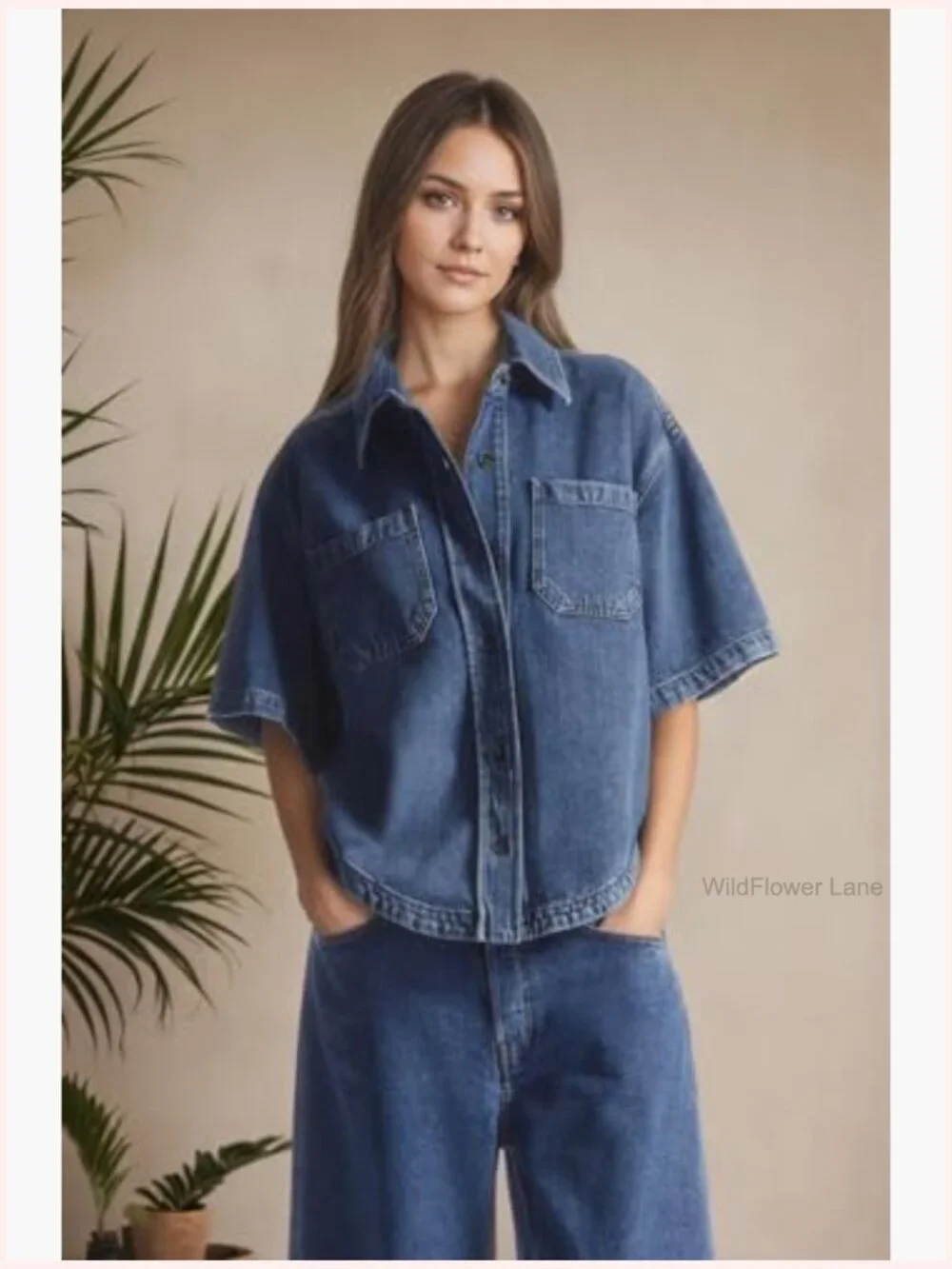 Women's Crop Denim Shirt Button Down Short Sleeve Oversized Jean Top - Picture 6 of 7